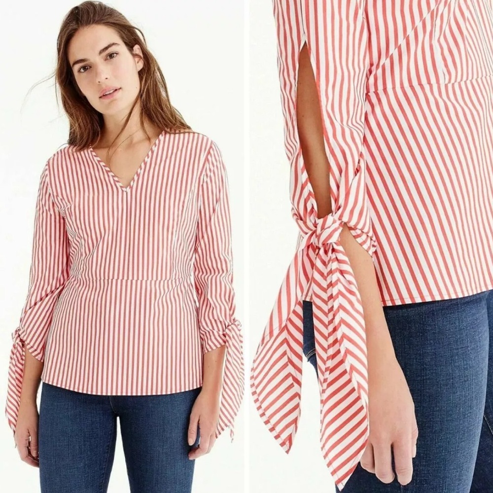 J.Crew x Universal Standard Red/White Poplin Tie-Sleeve Top
